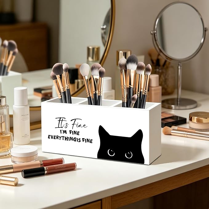 Funny Sarcastic Black Cat Pen Pencil Holder Organizer for Office Desk Accessories, Funny Office Gifts for Coworkers, It's Fine I'm Fine Everything Is Fine Wood Signs for Desk Tabletop Decor