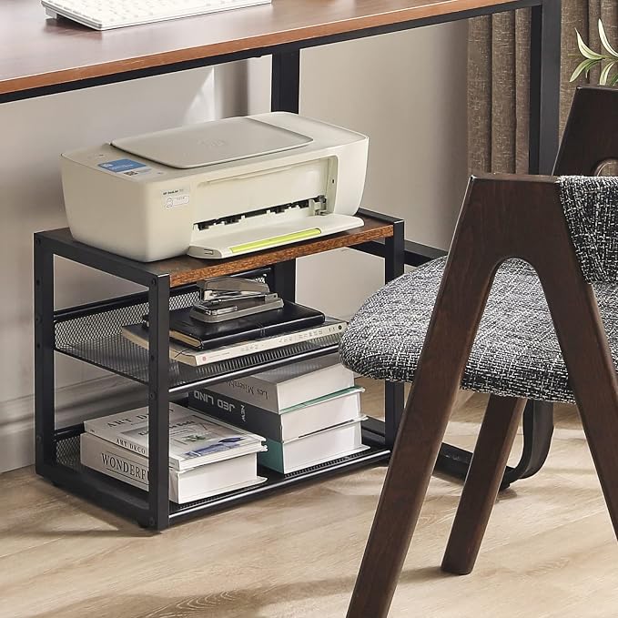 YMYNY Desktop Printer Stand, 3 Tiers Desk Organizer with Adjustable Storage Shelves, Multi-Purpose Printer Shelf for Home Office, Fax Machine, Scanner, Files, Books, Rustic Brown, UHPT001H