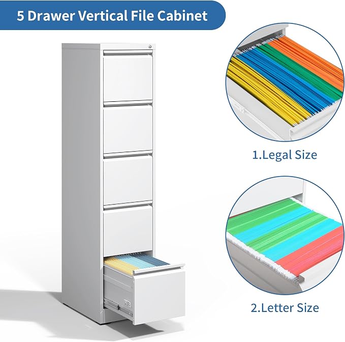 5 Drawer File Cabinet with Lock, Metal Vertical Filing Cabinets for Home Office, Steel Storage Cabinet for Hanging Legal/Letter Size Files, Assembly Required (White)