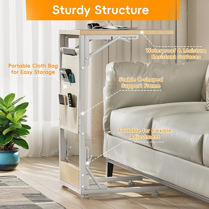 Folding TV Tray Table, Small Folding Side Table with Storage Bag, Portable C Shaped End Table for Couch Sofa Bed, Light Walnut