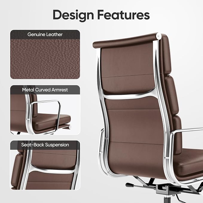 Genuine Leather Office Chair, Padded High Back Ergonomic Executive Desk Chair with Aluminum Arm Rest and Base, Swivel Wheels with Lumbar Support & Tilting Function, Hight Adjustable, Dark Brown
