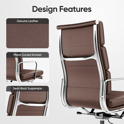 Genuine Leather Office Chair, Padded High Back Ergonomic Executive Desk Chair with Aluminum Arm Rest and Base, Swivel Wheels with Lumbar Support & Tilting Function, Hight Adjustable, Dark Brown