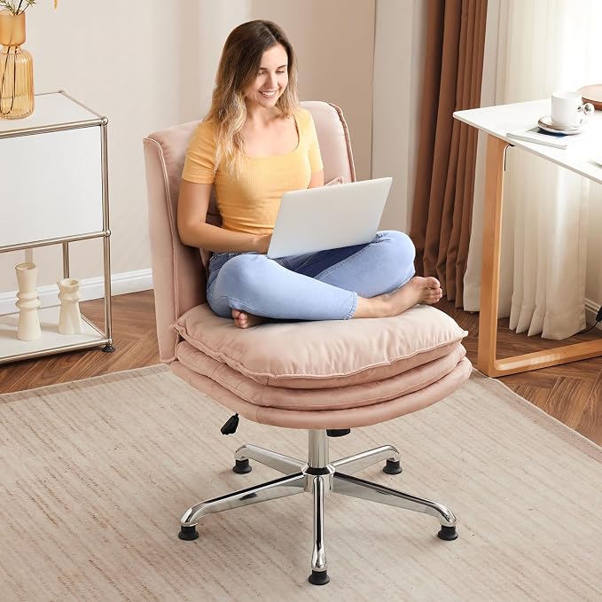 VINGLI Cloud Criss Cross Legged Home Office Desk Chair, 18" High Back Armless, Wide Adjustable Comfy Padded Seat, Modern Swivel Makeup Vanity Chair, Microfiber, Pink
