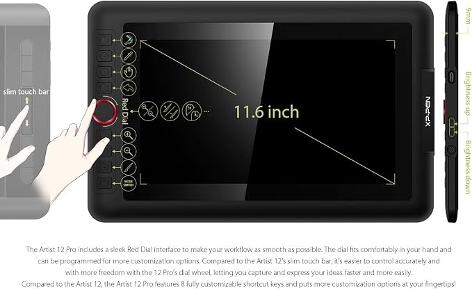 XPPen Artist12 Pro 11.6" Drawing Tablet with Screen Pen Display Full-Laminated Graphics Tablet with Tilt Function Battery-Free Stylus and 8 Shortcut Keys(8192 Levels Pen Pressure and 72% NTSC)