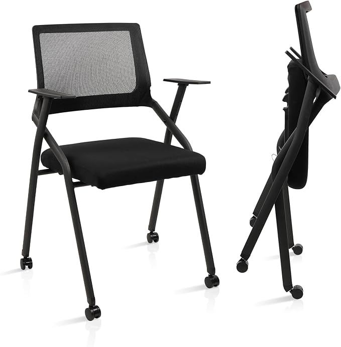 CLATINA Stackable Foldable Conference Room Chairs with Wheels, Portable Padded Office Desk Chair with Lumbar Support and Armrest for Training Room, Guest, Reception, Event, Black (2pk)
