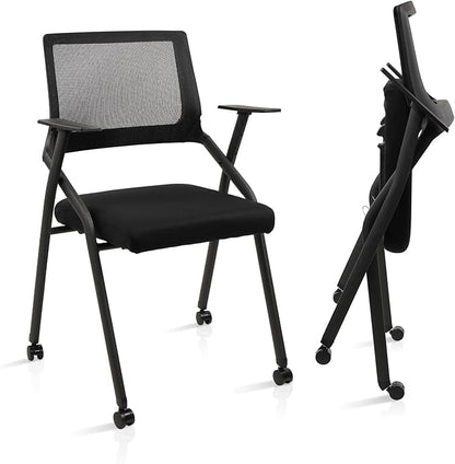 CLATINA Stackable Foldable Conference Room Chairs with Wheels, Portable Padded Office Desk Chair with Lumbar Support and Armrest for Training Room, Guest, Reception, Event, Black (2pk)