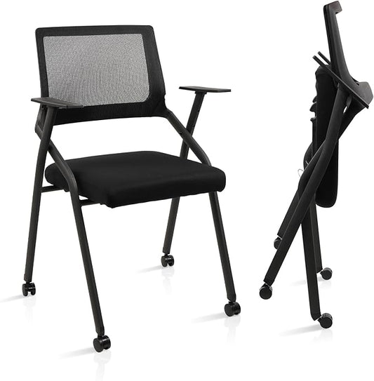 CLATINA Stackable Foldable Conference Room Chairs with Wheels, Portable Padded Office Desk Chair with Lumbar Support and Armrest for Training Room, Guest, Reception, Event, Black (2pk)