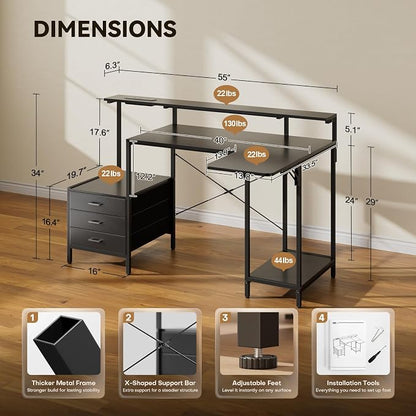 HLDIRECT 55 Inch Computer Desk for Home Office, Gaming Computer Desk with Printer Shelf, Storage Drawers, Power Outlets, Monitor Stand & LED Strip, Foldable L Shaped Gaming Table (Black)