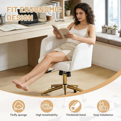 Home Office Desk Chair, Vanity Chair with Back 360 Swivel Armchair and Gold Base, Velvet Criss Cross Chair with Wheels for Vanity Home Office, Living Room, Bedroom and Study (Beige)