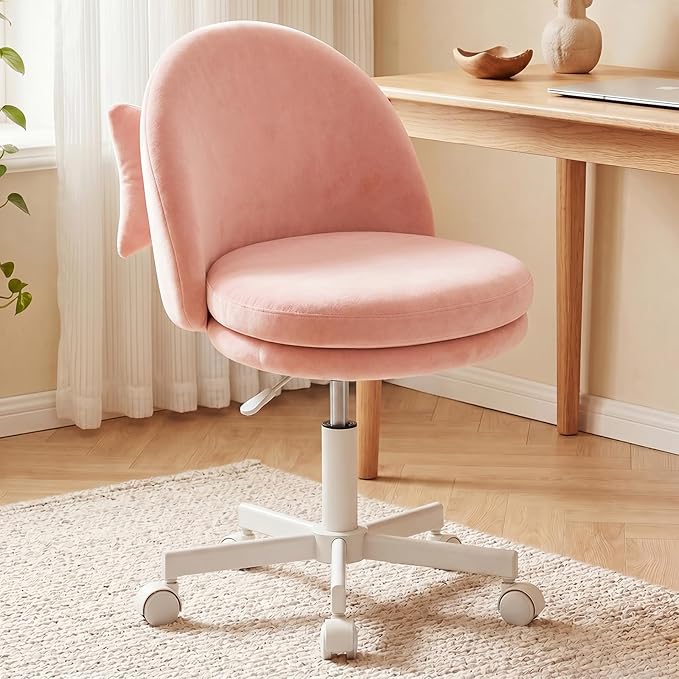GTPLAYER Velvet Tall Office Chair with Wheels Vanity Chairs with Back, Versatile Height Use: Office to Bar Stools Small Ergonomic Comfy Armlees Computer Desk Chair with Bow Lumbar Pillow for Gift
