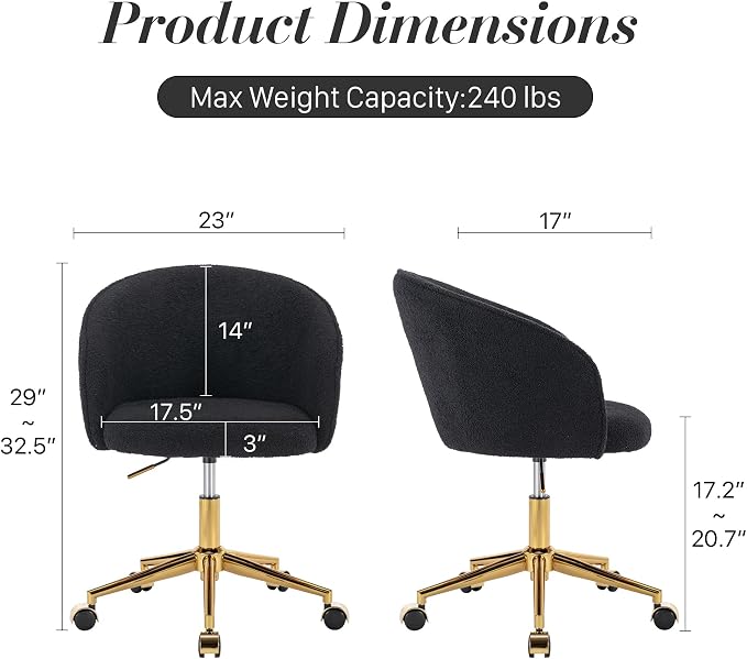 KCC Faux Fur Office Desk Chair, Comfy Fluffy Swivel Modern Leisure Armchair with Wheels, Upholstered Comfy Fuzzy Vanity Makeup Chair Height Adjustable for Teens Women Girls Elegant Home Office