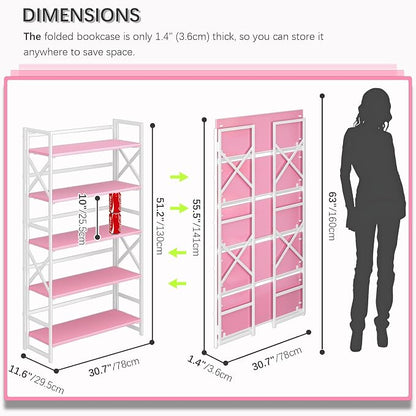4NM Extra Wide 5 Tiers No Assembly Book Shelves, 51.2" H Folding Bookshelf Bookcase Open Industrial Foldable Shelves for Bedroom, Living Room, Home Office - Pink White