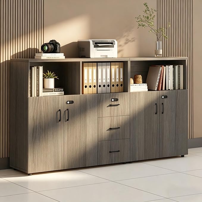 File Cabinet with Password Lock, Wood Lateral Filing Cabinet for Letter/A4 Files, 3 Drawer with Door, Printer Stand with Open Shelves for Home Office