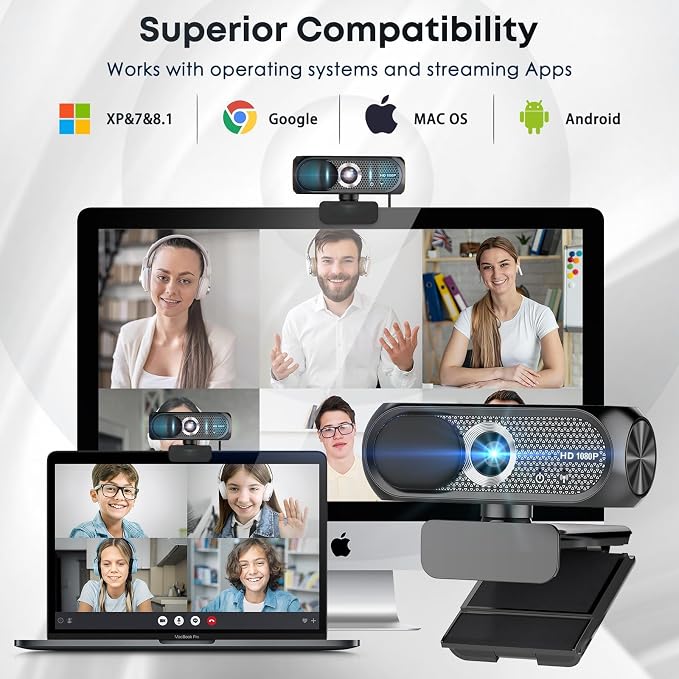 2K Webcam with Microphone, Noise Cancellation, Privacy Cover, Wide-Angle Lens, Auto Light Correction, Plug & Play USB Webcam for Laptop, Desktop, PC, Mac, Zoom, Skype, Streaming (Black)