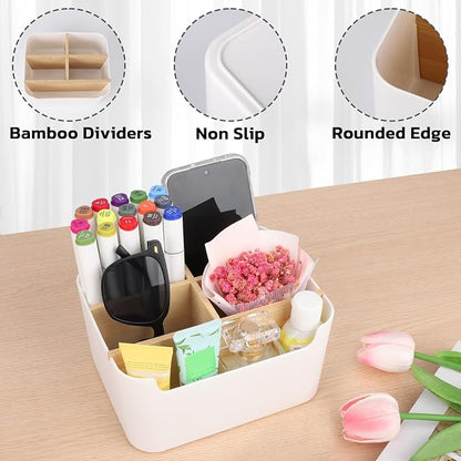 Segarty Desk Storage Box, Divided Bamboo Desktop Organizer, Pencil Holder, Detachable Pen Holder, Remote Control Holder, Cell Phone Box, Modern Wooden Desk Side Organizer for Office Home Accessories