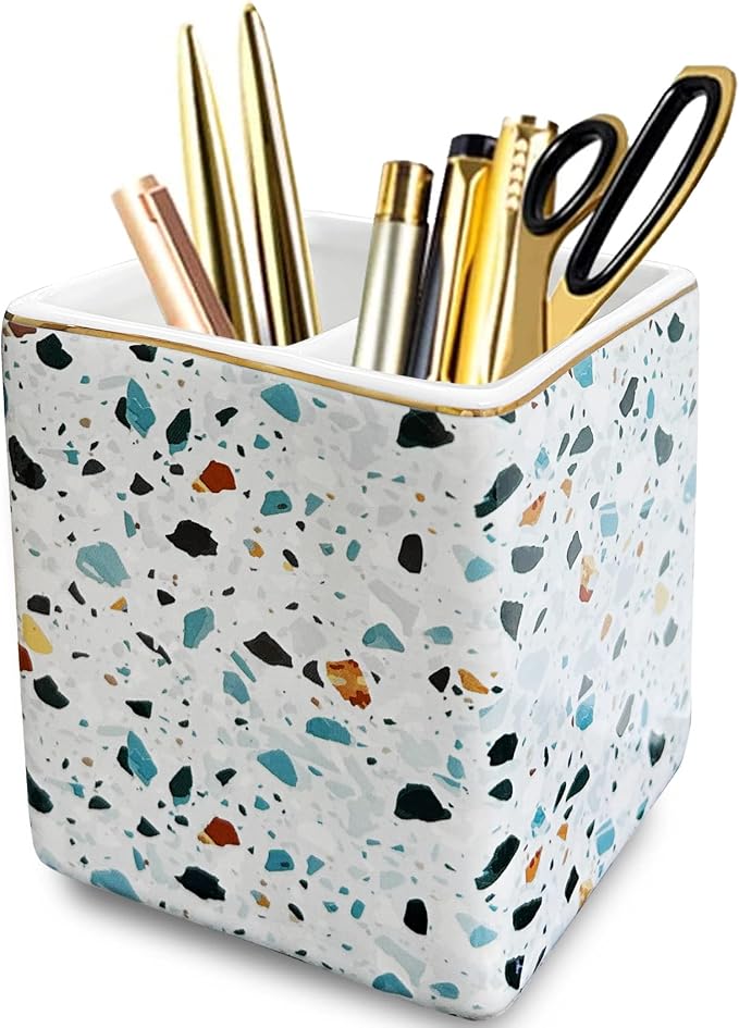 Pen Holder for Desk,Ceramic 2 Compartments Gold Terrazzo Marble Pencil Holder for Women Desk Organizer Storage Desktop Accessory Office School Home Pen Cup Blue