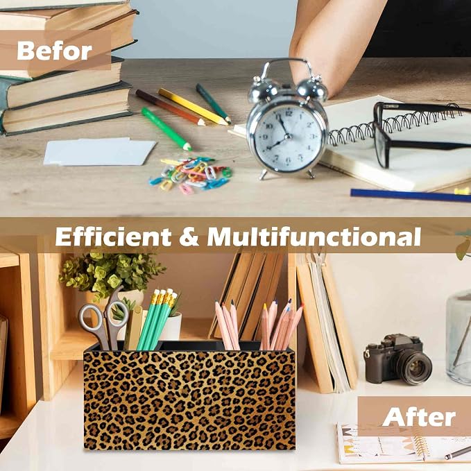 DILSJ Trendy Retro Leopard Pen Pencil Holder Organizer for Desk, Cheetah Print Room Decor, Golden Cheetah Print Office Supplies Wooden Box Signs for Women Office Desk Tabletop Decoration