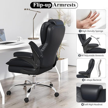 Office Desk Chair, Executive Leather Office Chair, High Back Ergonomic Home Desk Chair with Padded Flip-up Arms, Big and Tall Computer Chair with Rocking Function, 360°Swivel Free, Black