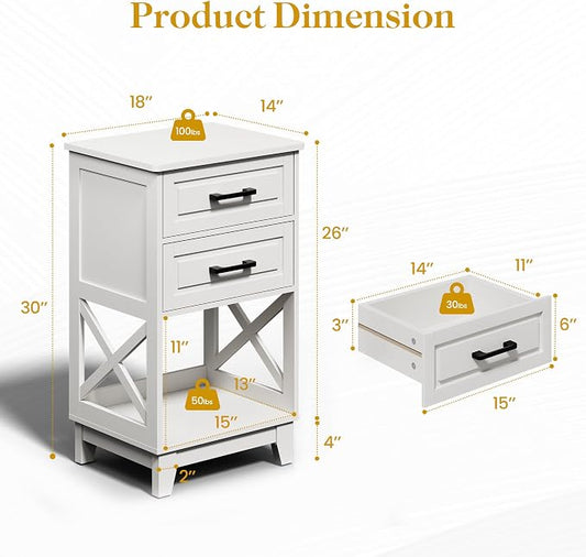 RoyalCraft 30" Tall Nightstand, Modern Painted Bedside Table with 2 Drawers and Open Shelf, Wood Side Table for Bedroom, Home Office, White-Open Shelf Below, Set of 1