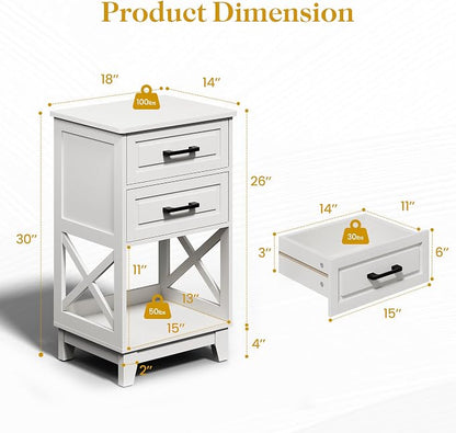 RoyalCraft 30" Tall Nightstand, Modern Painted Bedside Table with 2 Drawers and Open Shelf, Wood Side Table for Bedroom, Home Office, White-Open Shelf Below, Set of 2