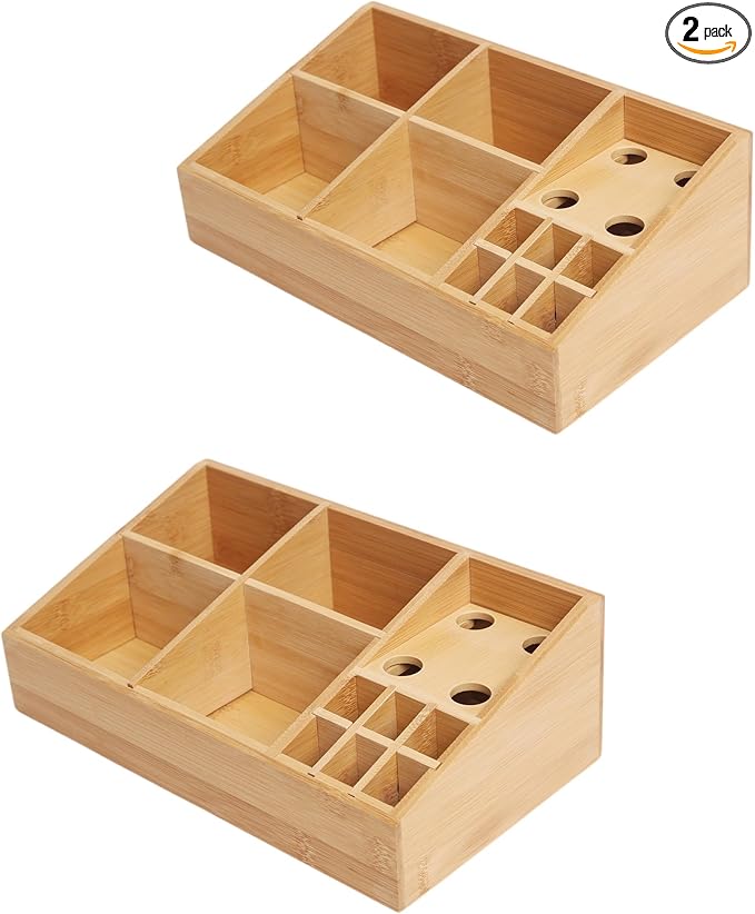 2 Pack Bamboo Art Supply Organizer, Pen Holder Multifunctional Organizer Office Accessory Storage, Desk Organizer for Colored Pencil, Crayon, Paint Brushes, Makeup Organizer