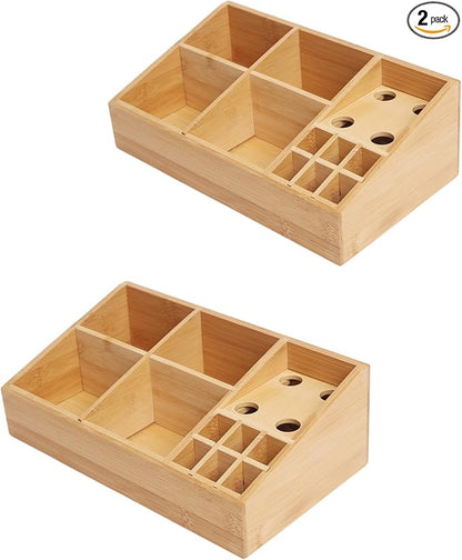 2 Pack Bamboo Art Supply Organizer, Pen Holder Multifunctional Organizer Office Accessory Storage, Desk Organizer for Colored Pencil, Crayon, Paint Brushes, Makeup Organizer