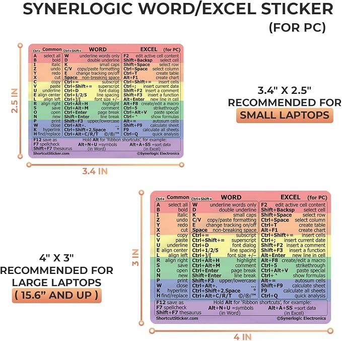 Synerlogic (100pcs) Word/Excel Windows Shortcut Sticker | Reference Guide Keyboard Shortcuts | Work from Home Essentials | Excel Shortcuts Cheat Sheet Laminated Vinyl (Rainbow/Small/100)
