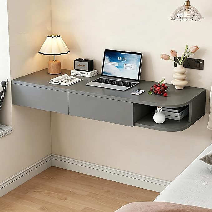 Corner Floating Desk with Drawer, Wall Mounted Desk with Open Shelving, Floating Makeup Vanity with Storage, Scratch-Resistant, Space Saving, for Bedroom Living Room Small Spaces Apartment
