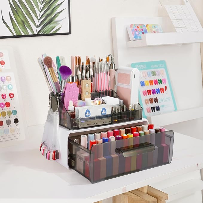 Wilfniee Nail Tech Desk Organizer Case: 2 Layers Nail Tech Organizers with Nail Polish Storage Drawer- 53 Holes Nail Drill Bits & Nail Brushes Pens Holder for Manicure Nail Supplies (Grey)