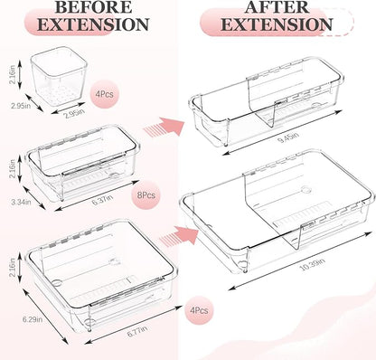 DILIBRA 16 Pcs Clear Extendable Drawer Organizer, 3-Size Adjustable | Plastic Non-Slip Storage Bins, For Makeup Cosmetic Jewelries, For Utensils Stationery, For Dressers Tool, Desk Drawer Storage