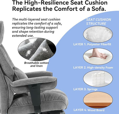 Efomao Executive Office Chair 400lbs, Grey Fabric Big and Tall Desk Chair | Breathable fabric, pocket spring & foam seat, retractable footrest, 135° recline for computer gaming setup