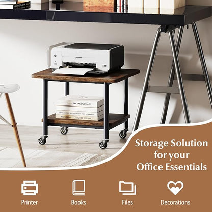 GOFLAME Under Desk Printer Stand, 2-Tier Industrial Mobile Printer Table with Storage Shelf, Metal Frame, Rolling Printer Cart Holder Storage Rack with Lockable Wheels for Home Office, Brown