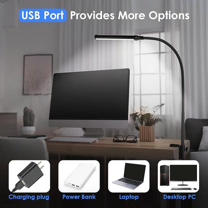 ShineTech LED Desk Lamp with Clamp, Clip On Desk Lamp for Home Office, 5000K Daylight White & Stepless Dimming, Flexible Gooseneck Architect Desk Light, Eye Caring Reading Lamp with USB Adapter