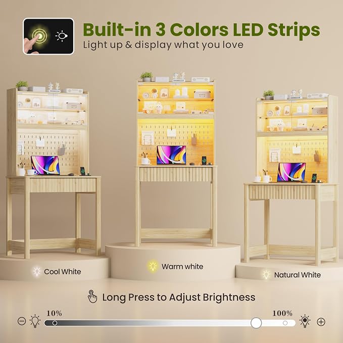 Lvifur Compact Writing Desk with LED Reading Lights (Natural86023)