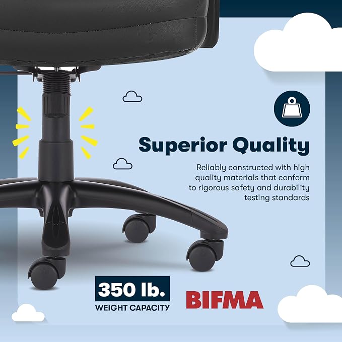 Serta Comfort Executive Big & Tall Office Chair, Ergonomic High-Back Computer DeskChair, Semi Plush Cushion Seat, Soft Padded Armrests, SertaQuality Foam, Metal Swivel Base, Bonded Leather, Black