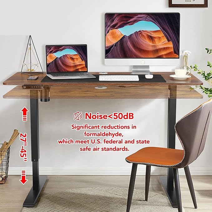 Electric Standing Desk, 48'' X 24'' Adjustable Height Desk, Ergonomic Home Office Computer Workstations, 27''-46'' Lifting Range Stand Up Desk with Wheels and Double Hooks, Easy to Move(Brown)