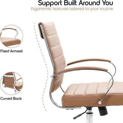 LeisureMod Benmar Leather Office Desk Chair, Mid-Back Ergonomic Swivel Chair with Lumbar Support, Adjustable Height, Tilt Lock, Cushioned Seat & Back, Home Office Task Chair (Brown, Set of 4)