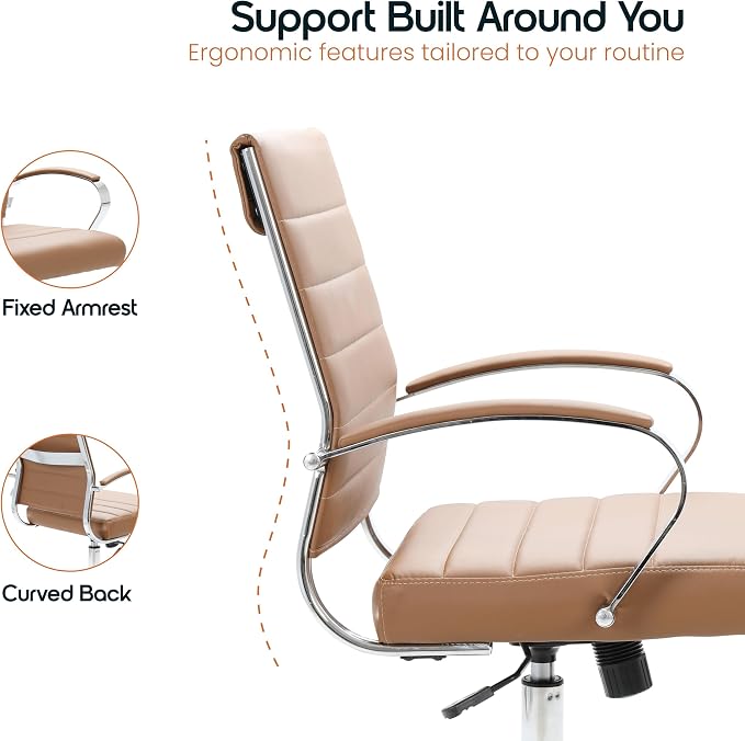 LeisureMod Benmar Leather Office Desk Chair, Mid-Back Ergonomic Swivel Chair with Lumbar Support, Adjustable Height, Tilt Lock, Cushioned Seat & Back, Home Office Task Chair (Brown, Pallet)
