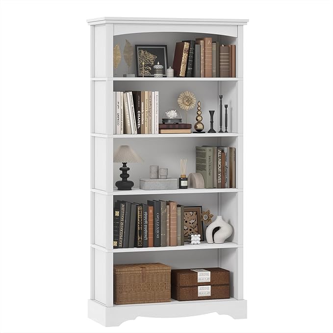 TVU 5-Tier Wooden Bookshelf, 31.5" W x 65" H ×9.9" D Bookshelf with Storage, Floor Standing Modern Style Display Bookcase for Living Room, Office, Study Room, Entryway, White