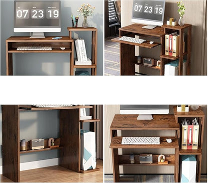 35" Compact Computer Desk with 3-Tier Storage Shelves & Keyboard Tray – Small Study Table for Bedroom or Home Office (Brown)