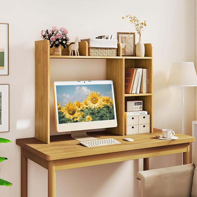 LDAILY Desktop Shelf, Multipurpose Wood Desk Hutch for Max 27" Computer Monitor, Countertop Storage Hutch with 5 Shelves, 3 Tier Desktop Display Rack for Dorm Office Home (Burlywood)