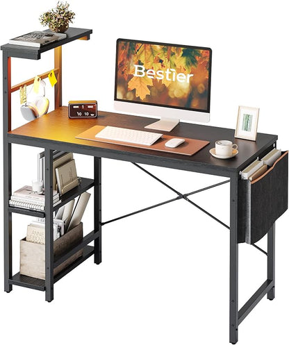 Bestier Gaming Desk with LED Lights, 44 Inch PC Gamer Desk for Small Spaces, Computer Desk with Reversible Storage Shelves & Side Storage Bag (Black Grained)