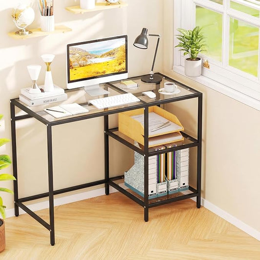 GOFLAME Computer Desk with Shelves, 42” Home Office Desk with Metal Frame, Tempered Glass Study Writing Table, Modern Simple PC Desk for Living Room Bedroom (Black)