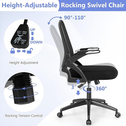 Giantex Mesh Office Chair, Ergonomic Desk Chair with Flip-up Arms & Lumbar Support, Height Adjustable Swivel Computer Desk with High Back for Home Office (Black)