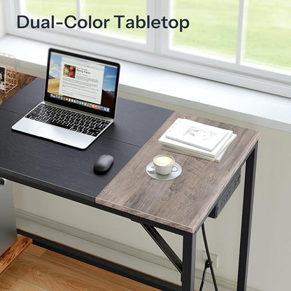 HOOBRO Small Computer Desk, Home Office Desk with Power Outlet, Writing Desk with 2 Shelves, Modern Small Desk for Home Office, Study, Easy to Assemble, Charcoal Gray and Black BG43UDN01