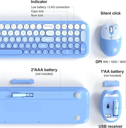 Wireless Keyboard and Mouse Combo, MOWUX Compact Typewriter Retro Round Computer Keyboard, Cute Optical Mouse Wireless, Plug and Play, for Laptop, PC, Computer- Blue Gradient