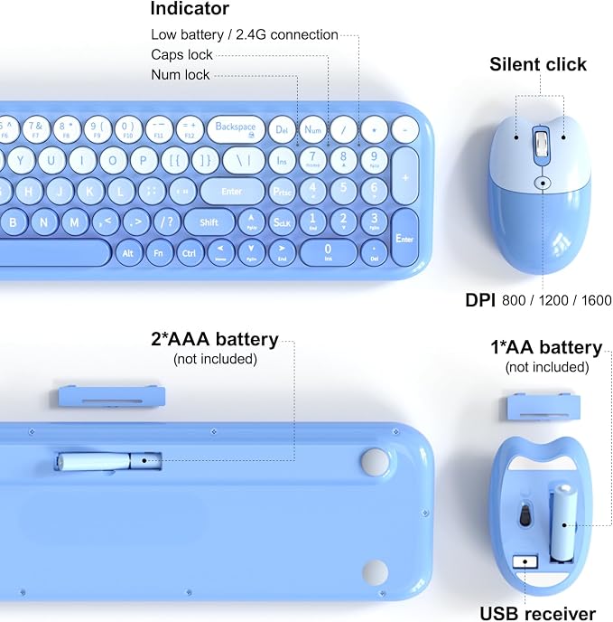 Wireless Keyboard and Mouse Combo, Meidosa 2.4GHz Colorful Full-Size Retro Typewriter Keyboard with Cat Shape 3 Level Adjustable Optical Mouse for PC/Desktop/Laptop/Windows (Blue Gradient)