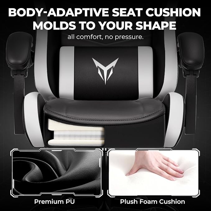 GTPLAYER Gaming Chair High Back Computer Chairs for Adults, Ergonomic Height Adjustable Recliner Chair 300lbs with Linkage Armrest and Lumbar Support for Home Office, White
