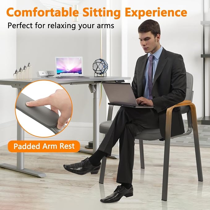 CLLATINA Waiting Room Chairs with Padded Arms Leather Guest Chair no Wheels for Office Reception and Conference Desk Gery, 6PK