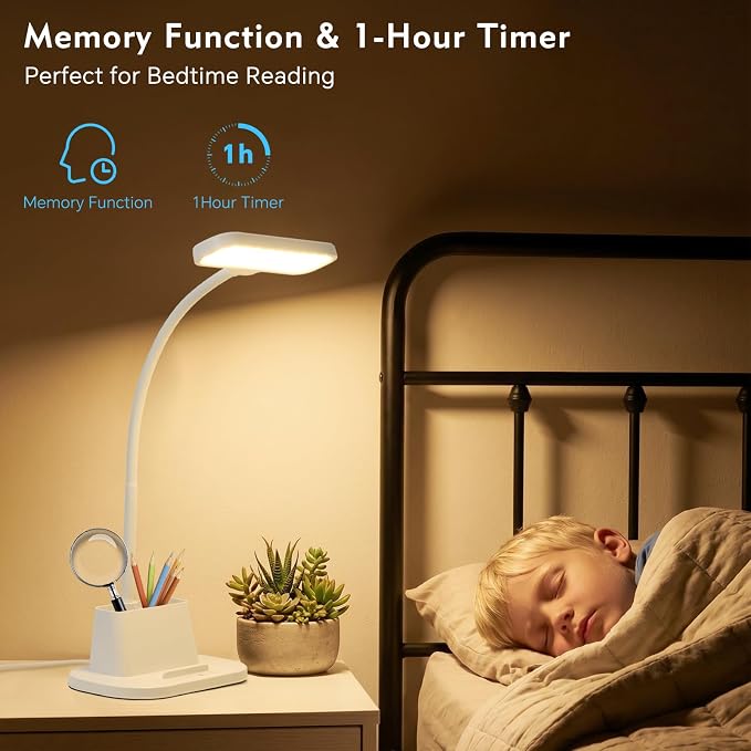 BOHON Desk Lamp for Home Office Reading Light with USB Charging Port White | Small Desk Lamps with Pen Holder, 5 Color Modes 5 Brightness, Touch Gooseneck LED Table Lamp for Dorm Room Essentials Study